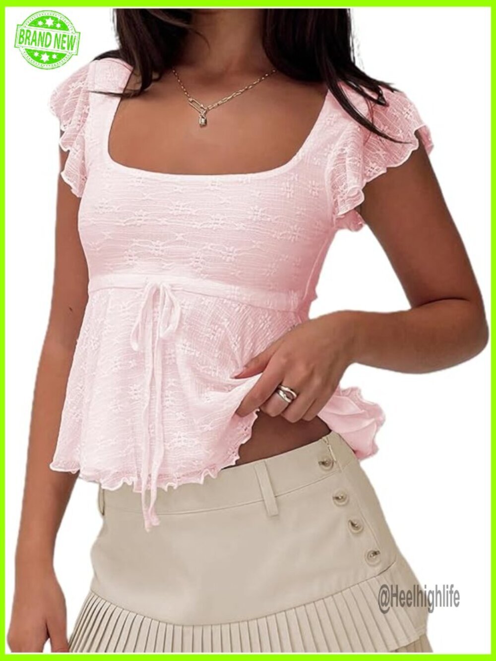 Y2K Lace Babydoll Tank Top Cap Sleeve Ruffle Hem Square Neck Tie Front Peplum